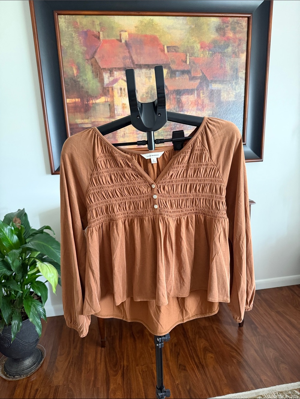 Lucky Brand Rust Brown Smocked Peasant Top